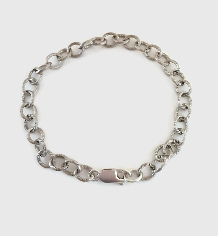 Oxidized Textured Oval Link Solid Sterling Silver Bracelet 19cms Adjustable