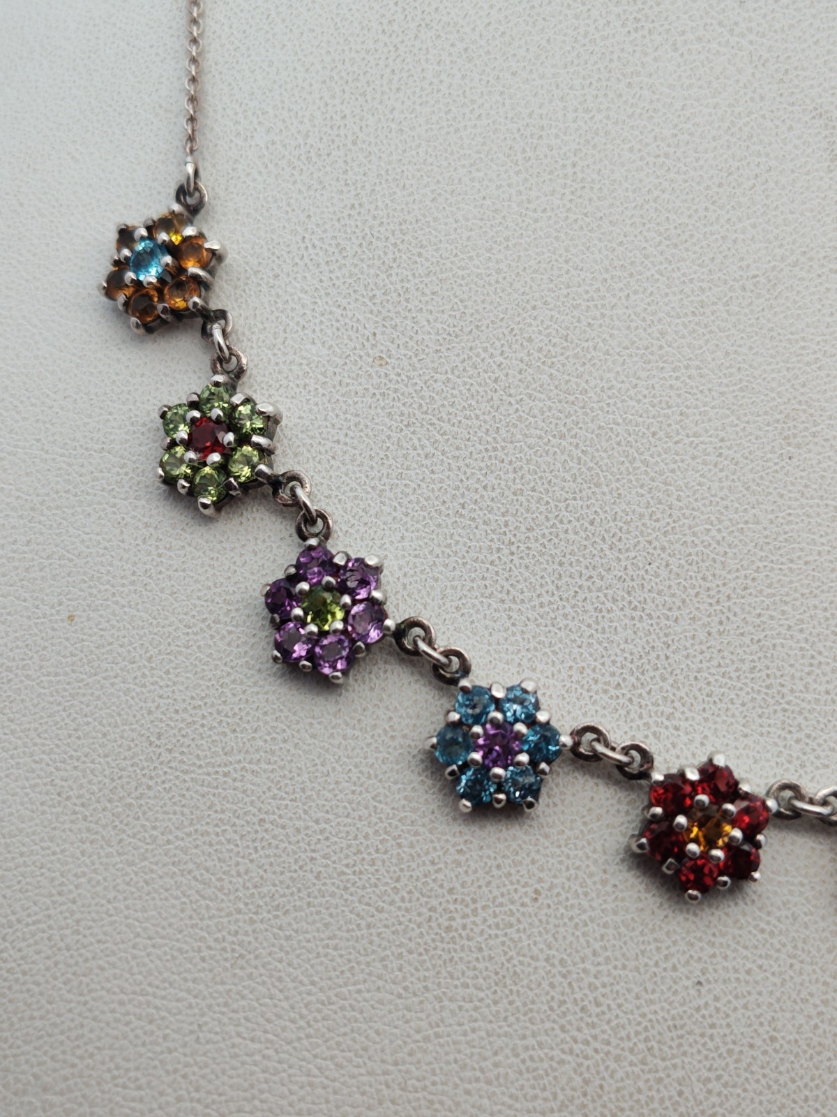 Designer “CPT” Sterling Silver Multi Rainbow Gem Necklace Flower Design