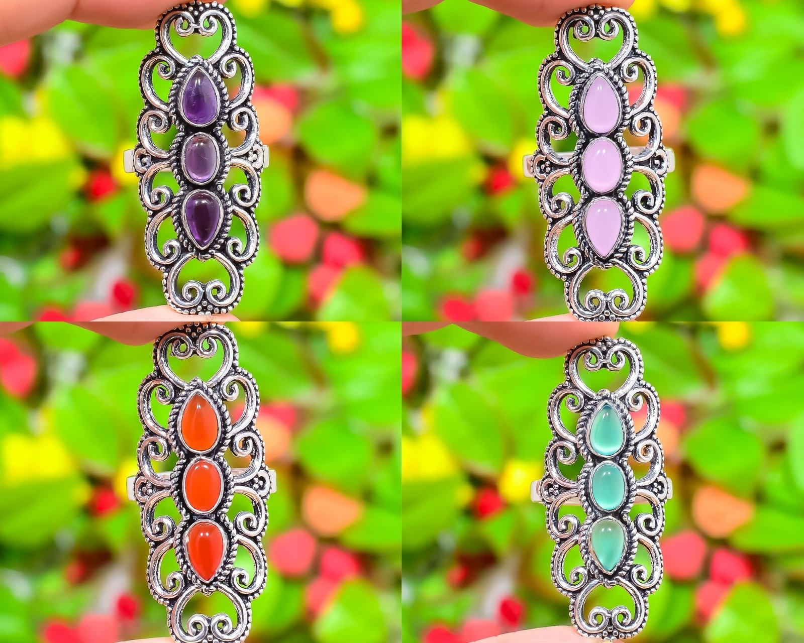 Amethyst,Green Onyx Gemstone Handmade 925 Sterling Silver Ring Variation
