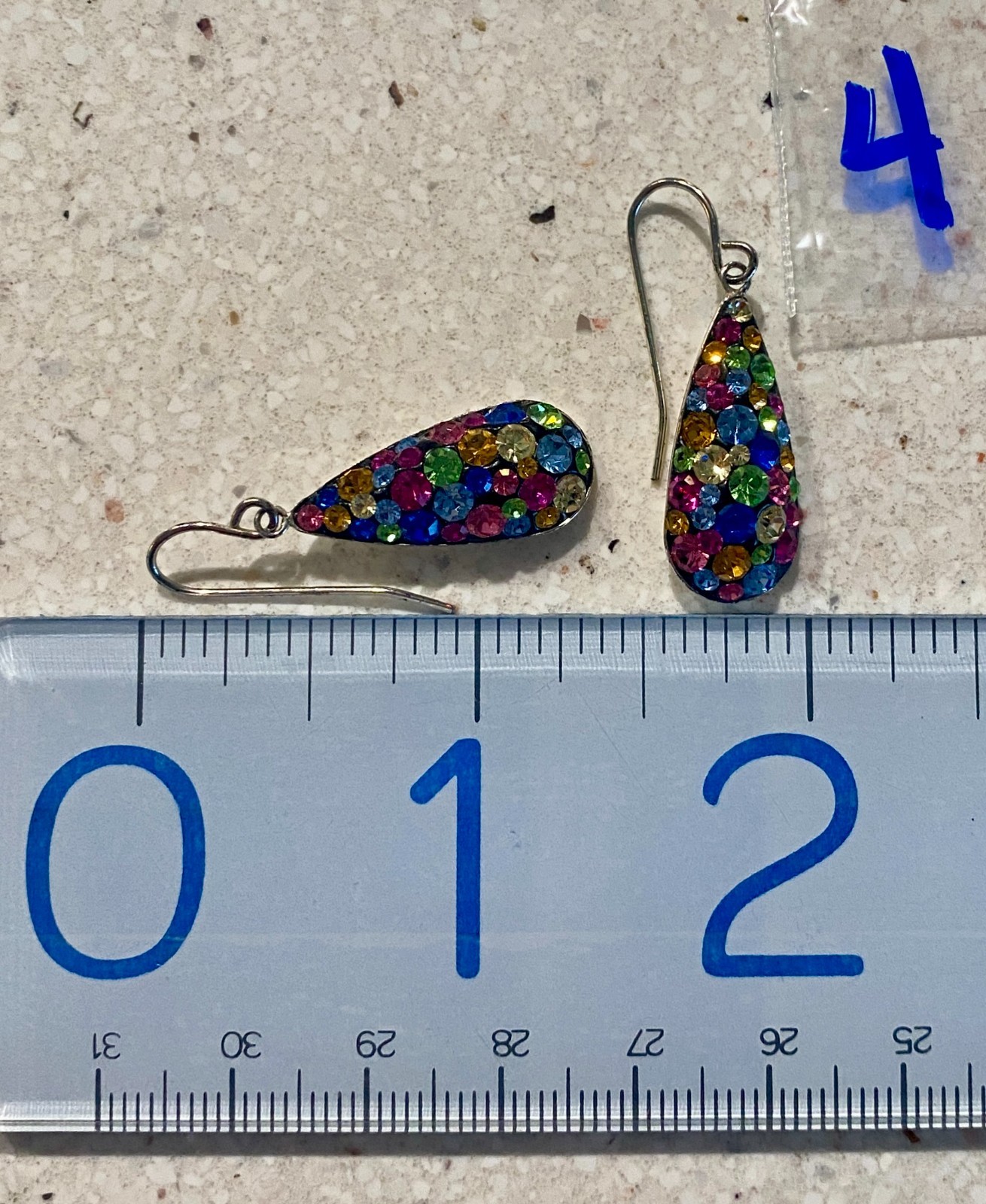 JCM Brass Silver Tone Teardrop Dangle Drop Multi Colored Rhinestone Earrings