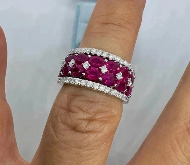 3.00Ct Oval Cut Lab Created Ruby Cluster Band Ring 14K White Gold Plated Silver