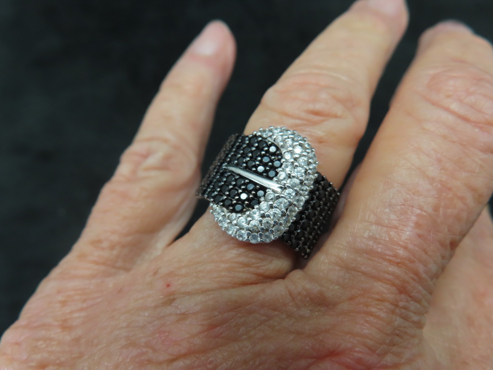 New/Old Stone JTV Black Spinel & Zircon Victorian Revival Buckle Ring SZ 6
