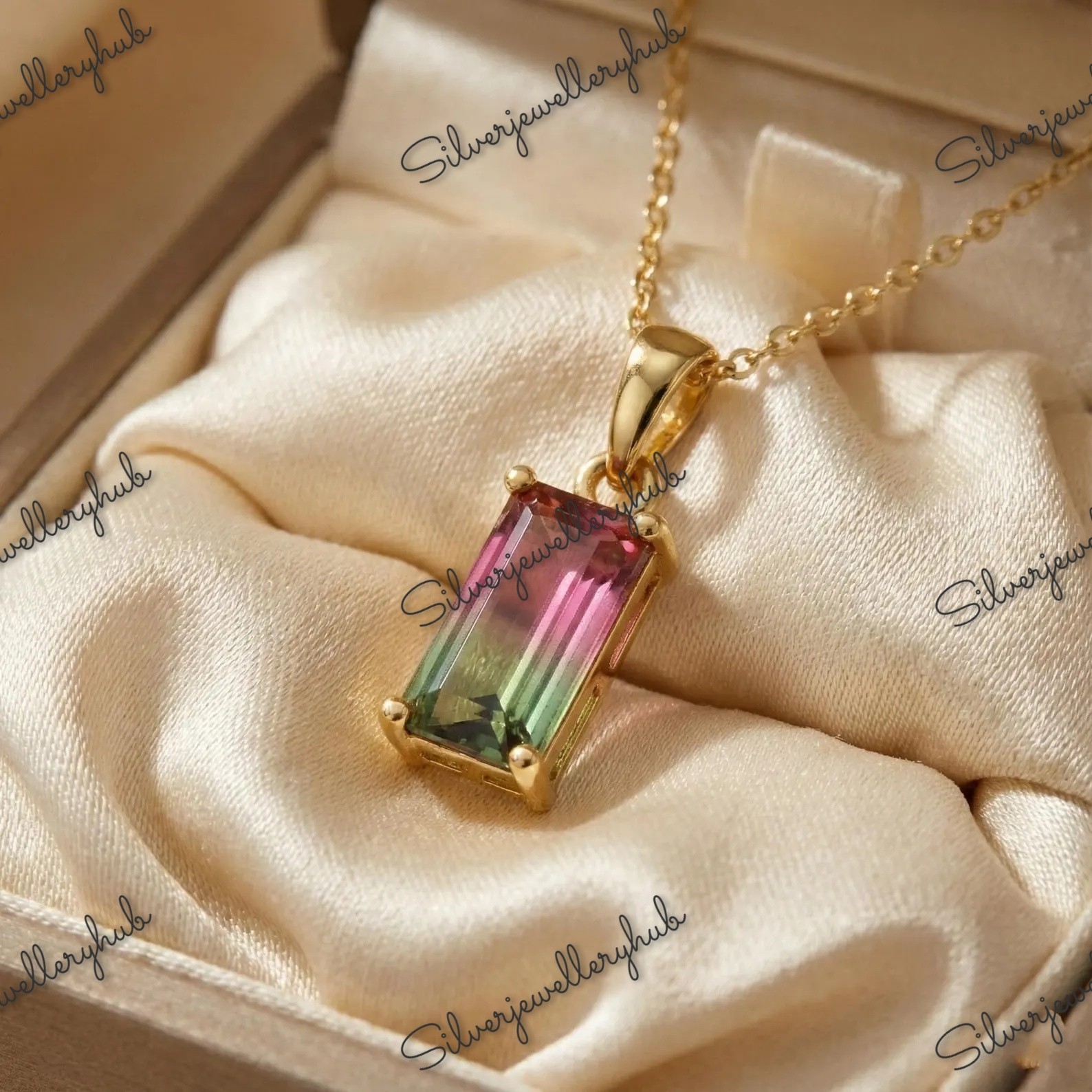 Watermelon Tourmaline Gemstone Pendant 925 Silver Engagement Chain Gift Necklace