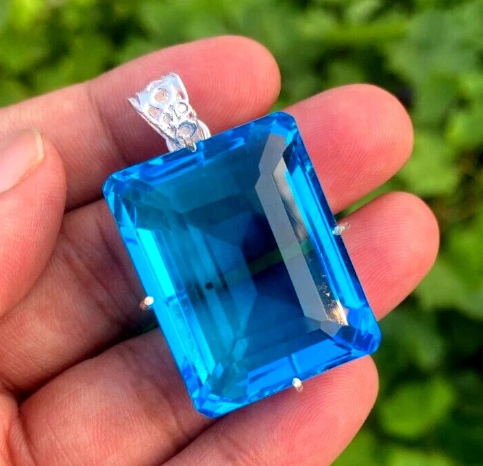 100 Ct+ Certified Natural Blue Emerald Topaz 925 Solid Silver Pendant Gemstone