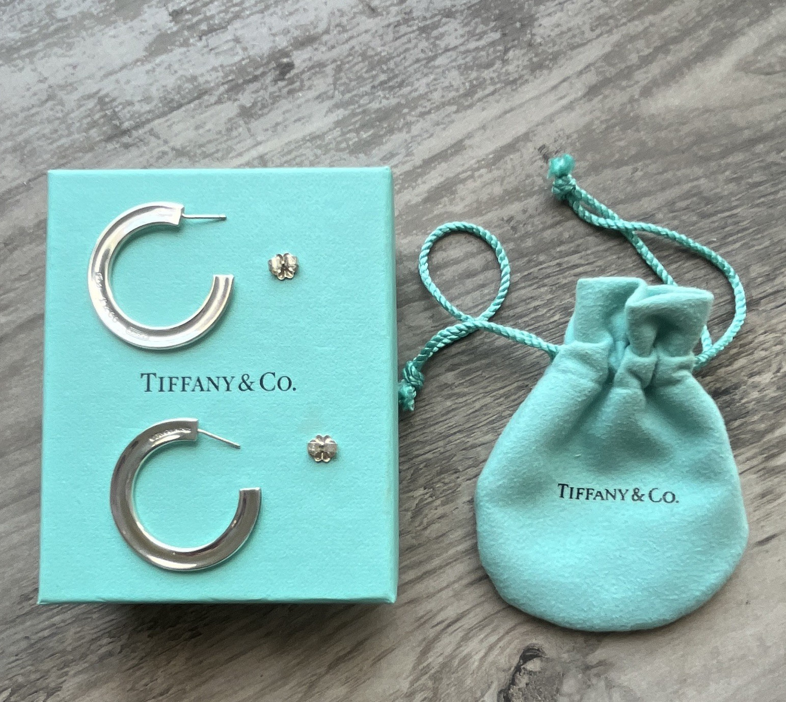 Tiffany & Co. Signed 925 Sterling Silver Round Hoop Earrings Butterfly Back