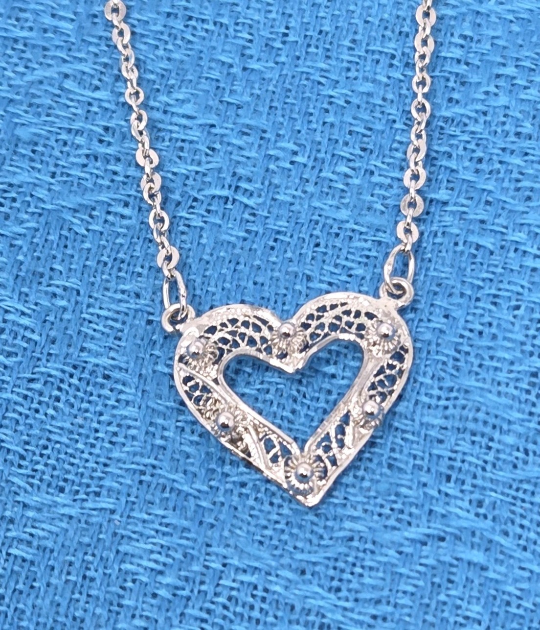 Van Lou Sterling Silver Filigree Heart Fixed Pendant Necklace 3.4g 16″ Vintage