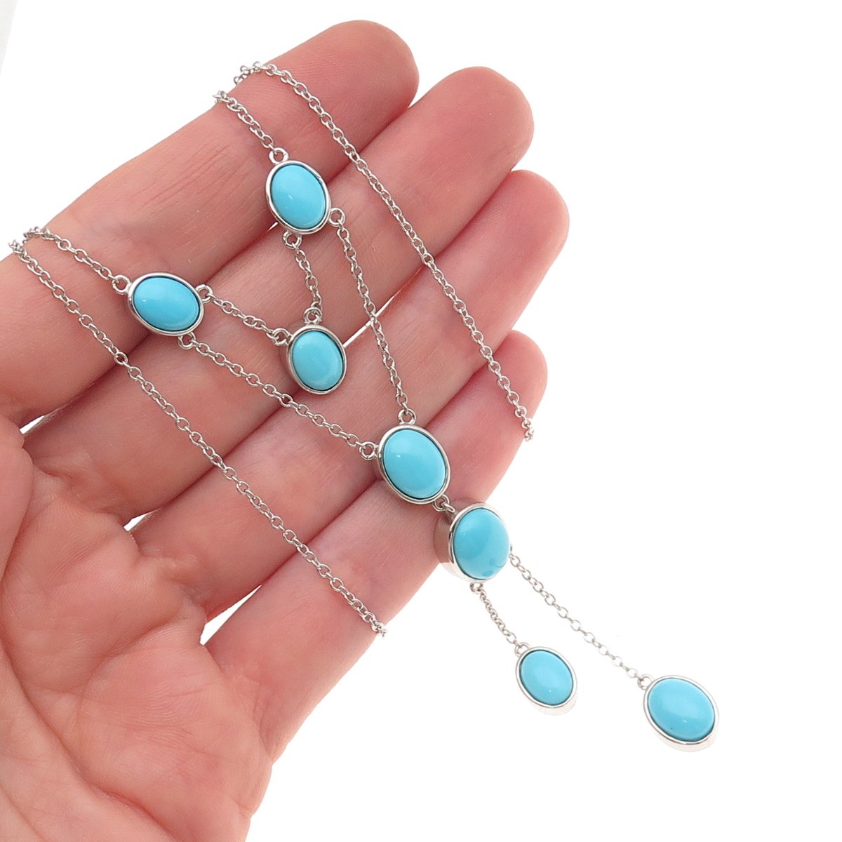 925 Sterling Silver Real Sleeping Beauty Turquoise Cable Chain Necklace 18″