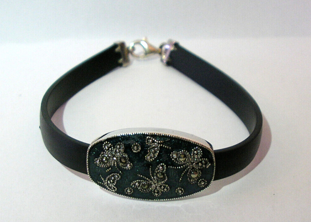 Vintage Sterling Silver Bracelet Butterfly Motif w/Enamel & Marcasite Rubber 925
