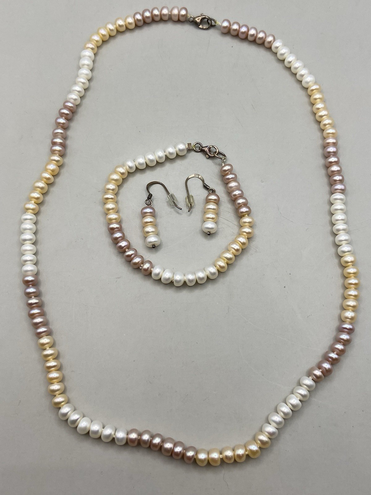 Vintage Rondelle Pearl Jewelry Set Sterling Silver Necklace Bracelet Earrings