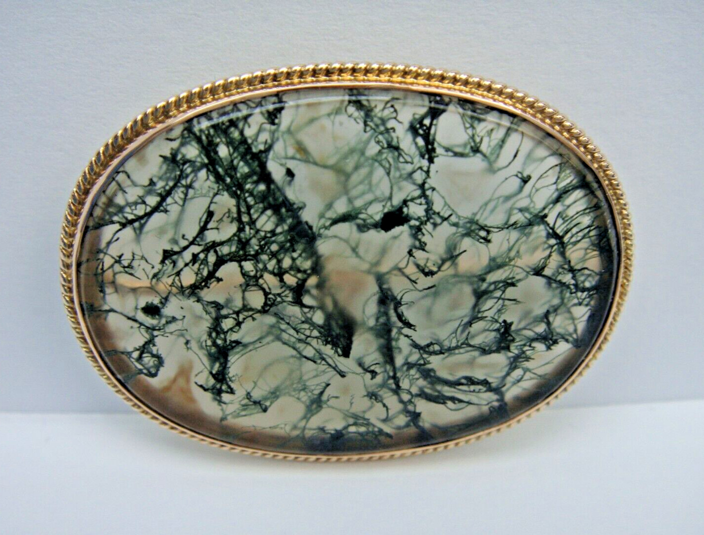 Vintage 10K Gold Oval RopeBezel Brooch=Beautiful Translucent Prehnite Green Vein