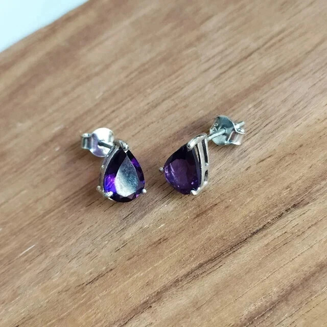 2 Ct Pear Lab Created Amethyst Solitaire Stud Earrings 14K White Gold Plated