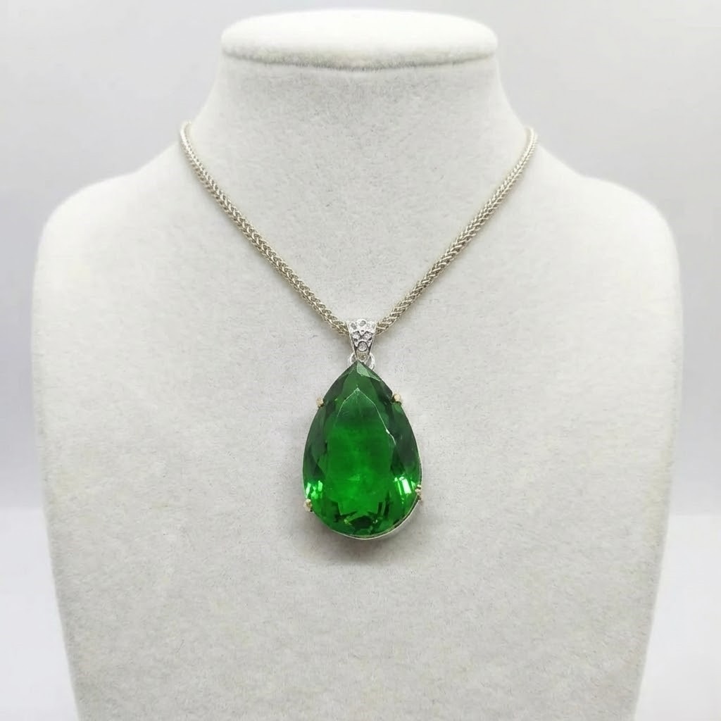 High Quality 100-115 Ct Green Emerald Necklace | Large Pear Cut Pendant