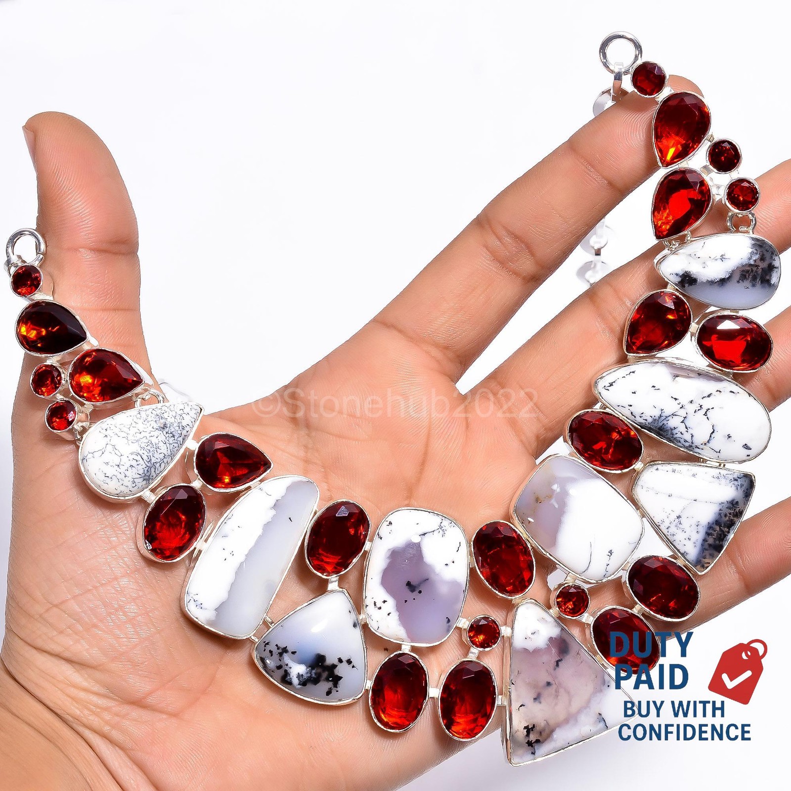 Sterling Silver Triangle Genuine Dendrite Opal Garnet Chain Channel Set Necklace