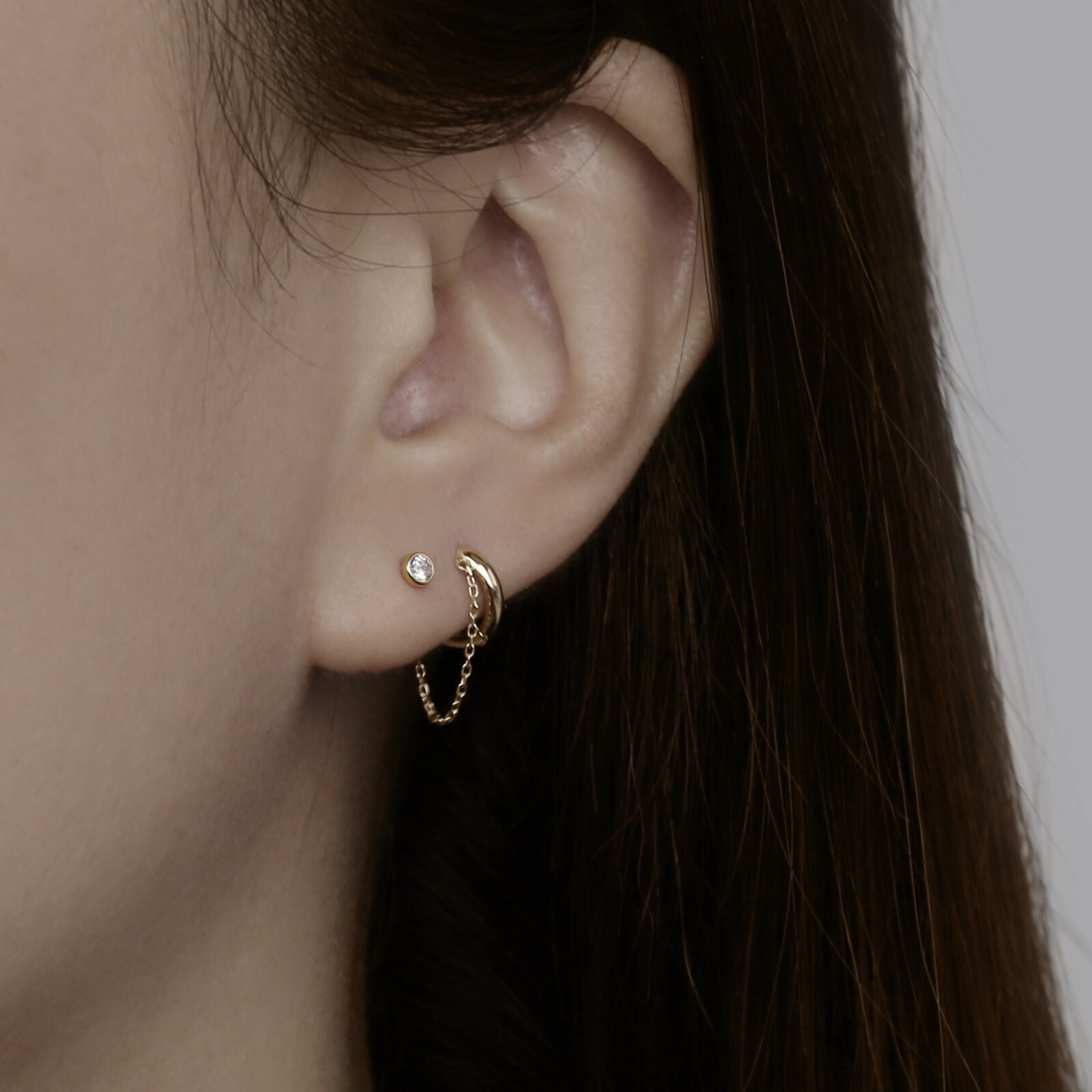 14k Solid Gold Single Small Chain Hoop Earring, Minimalist Huggie Hoop Earring