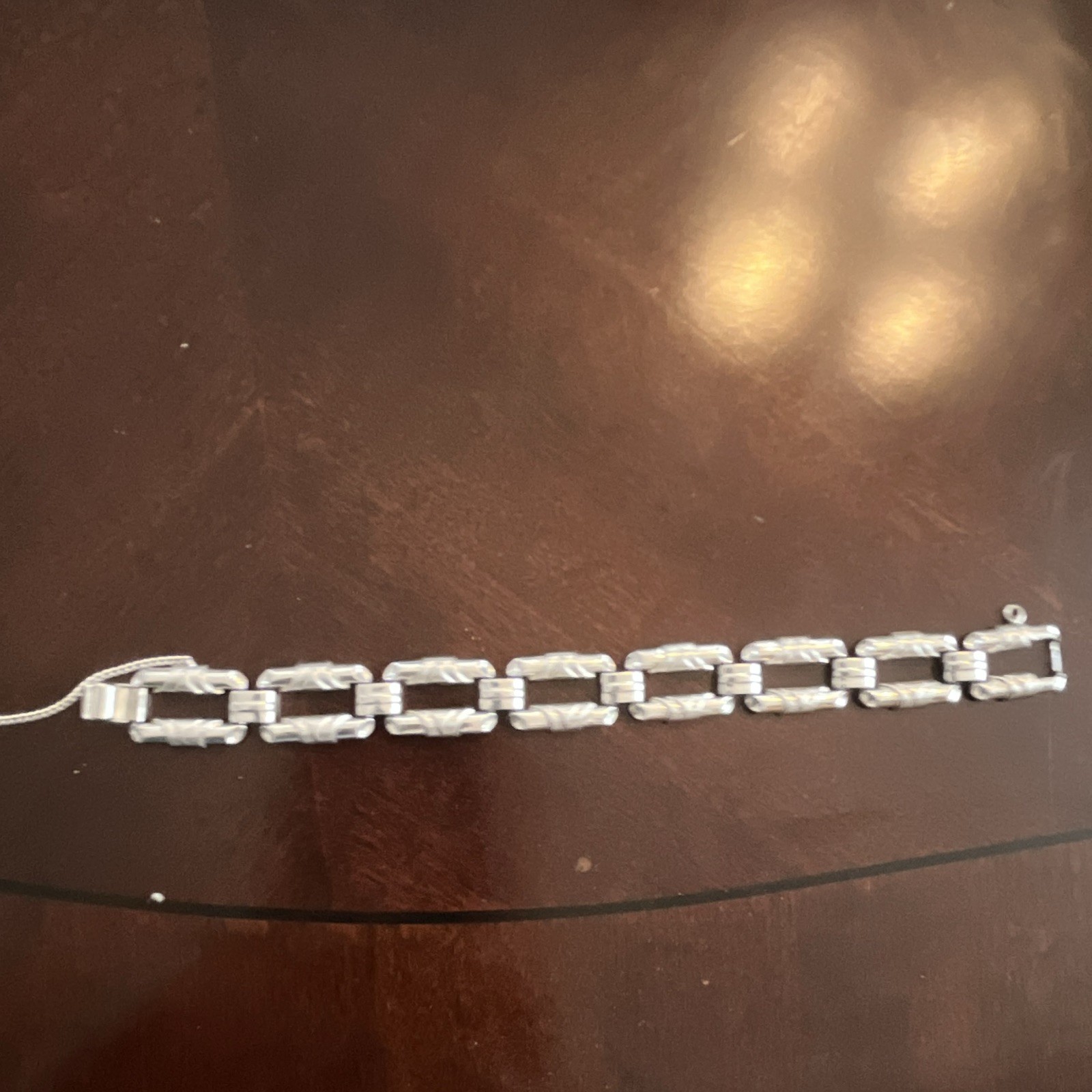 Silver Tone Rectangle Bar Link Chain Bracelet, Adjustable, Lobster Clasp
