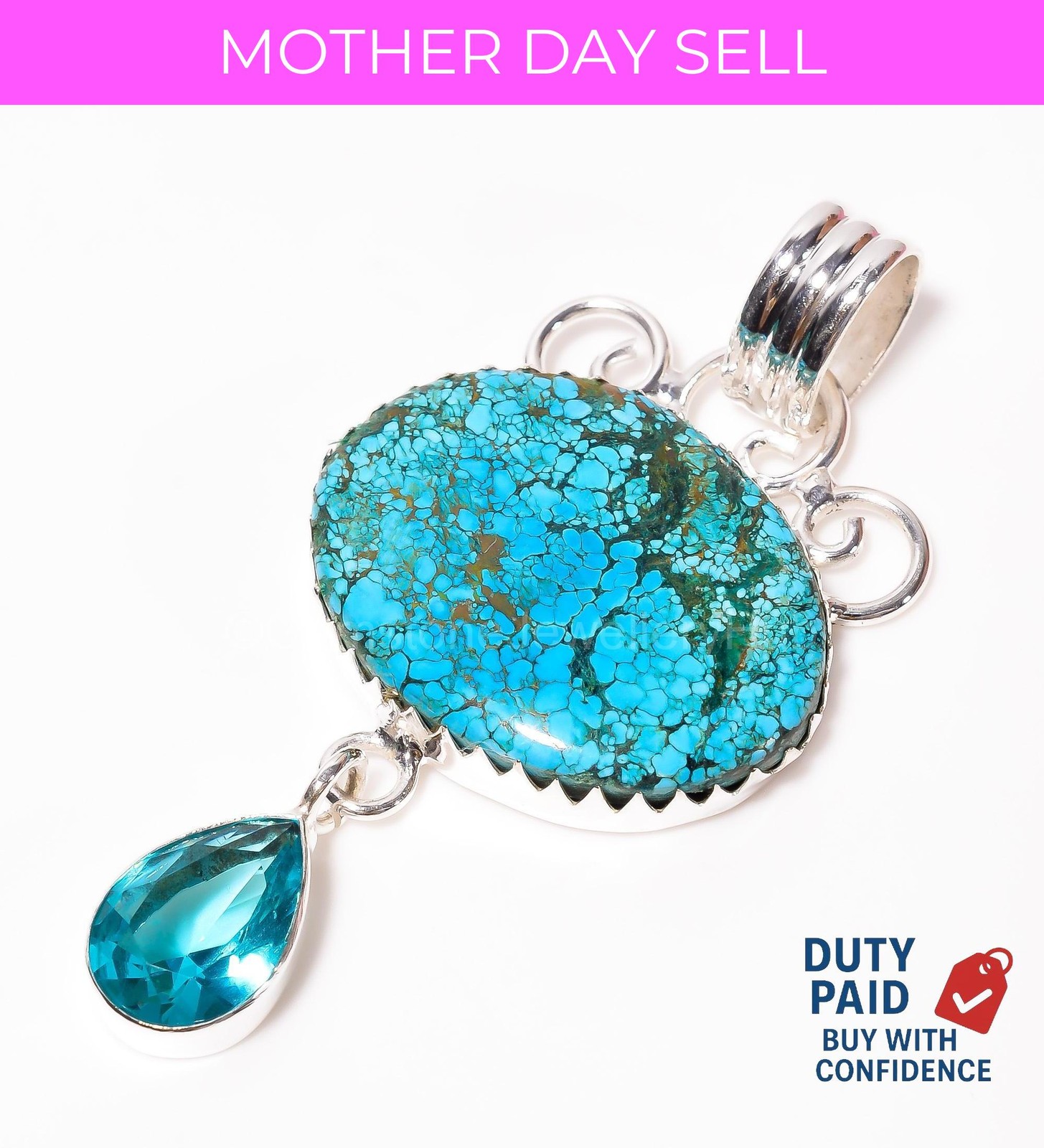 Natural Magnesite Turquoise Mother Ethnic Pendant Jewelry 925 Sterling Silver