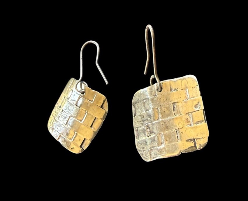 Sterling Silver Basketweave Square Dangle Earrings Geometric 1”