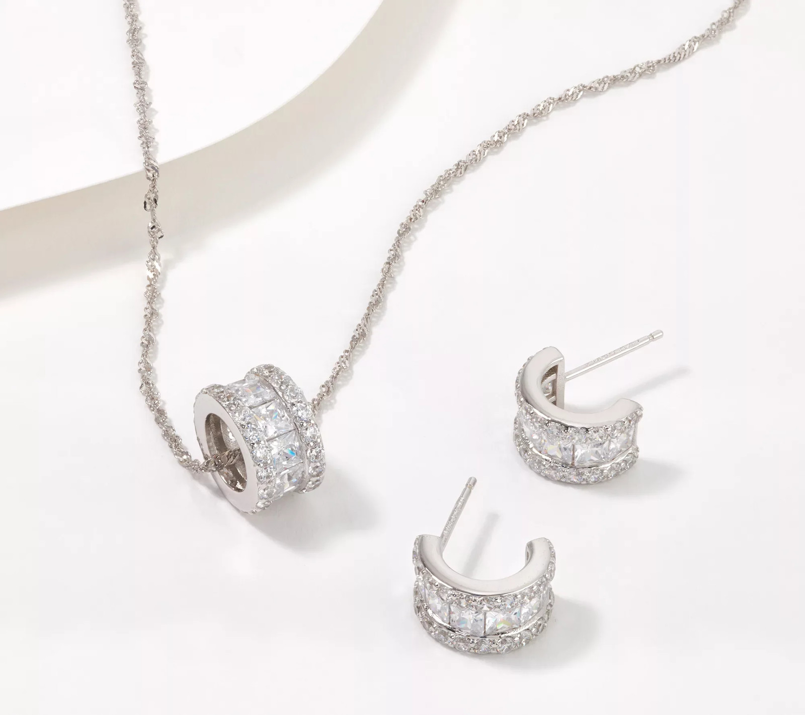 Diamonique Huggie Hoops & Barrel Necklace Set, Rhodium-plated Sterling Silver