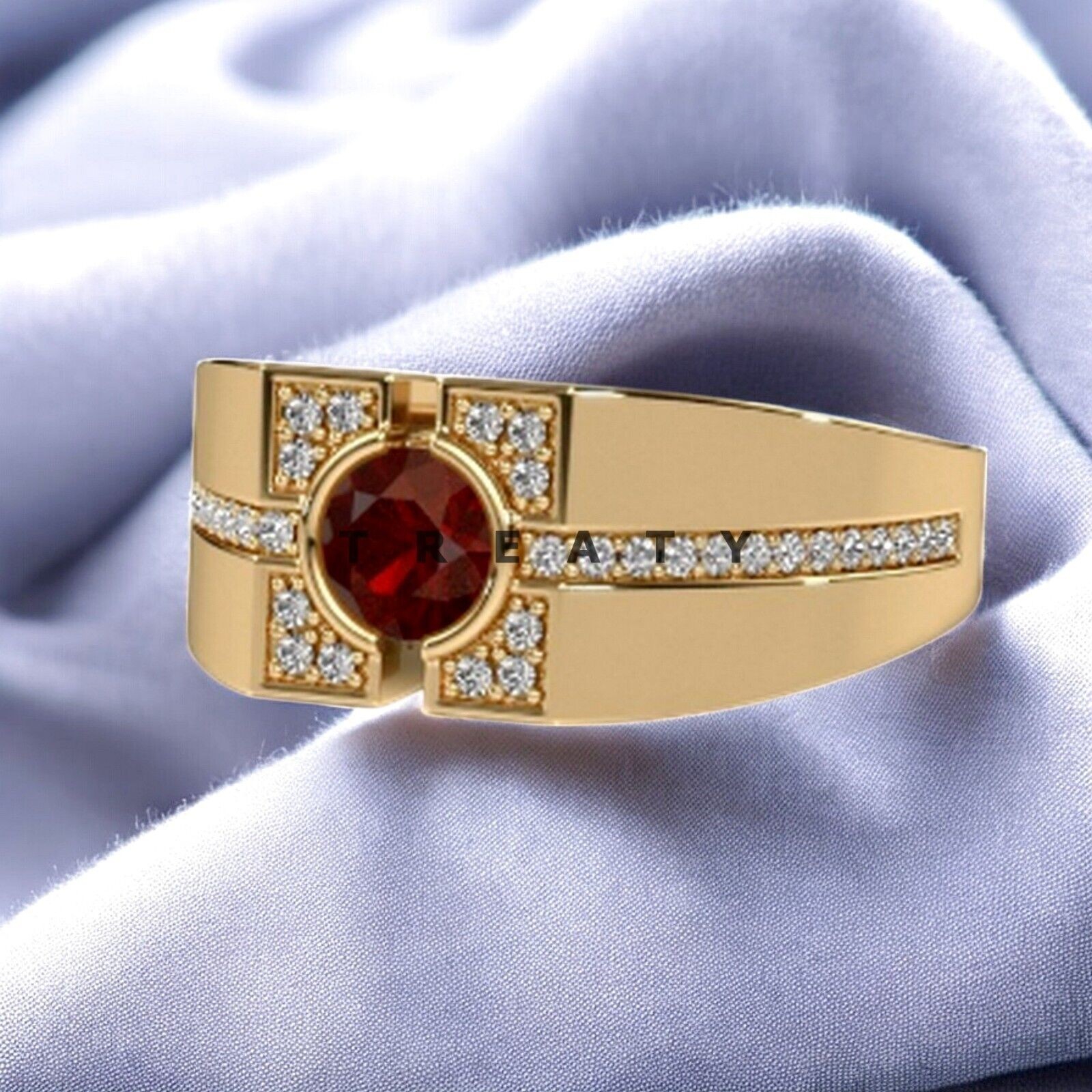 Garnet Round Gemstone With 925 Sterling Silver Gold Plated Ring For Men’s #552