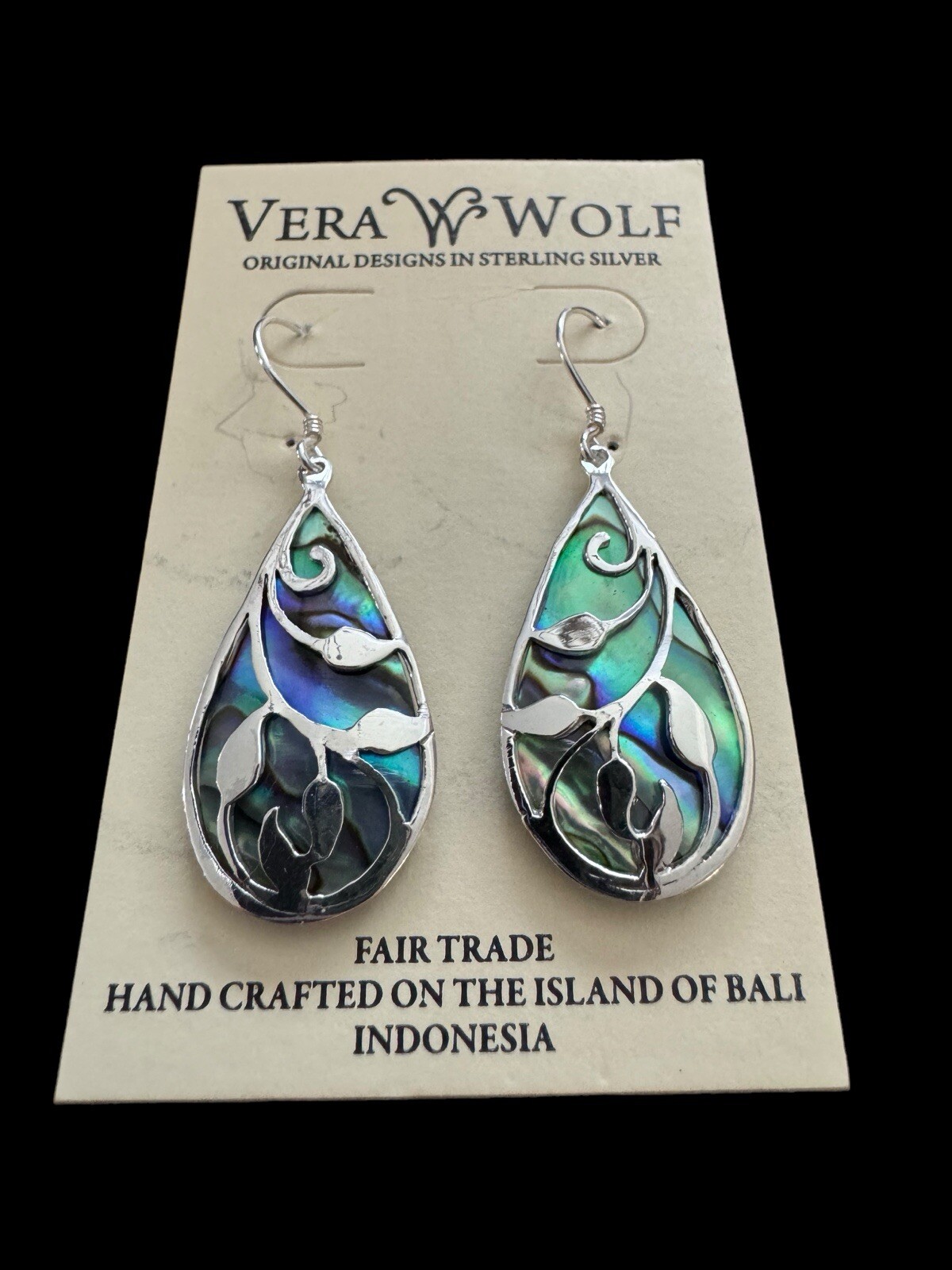 Vera Wolf Fair Trade Paua Shell Floral Teardrop Sterling Silver 925 Earrings J2