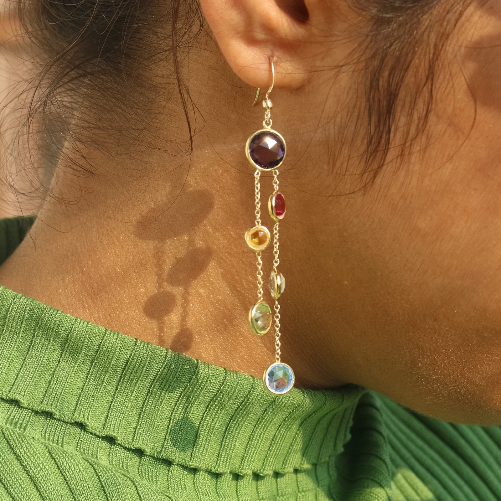 Natural Multi Gemstone Solid 14k Yellow Gold Drop Dangle Long Chain Earring