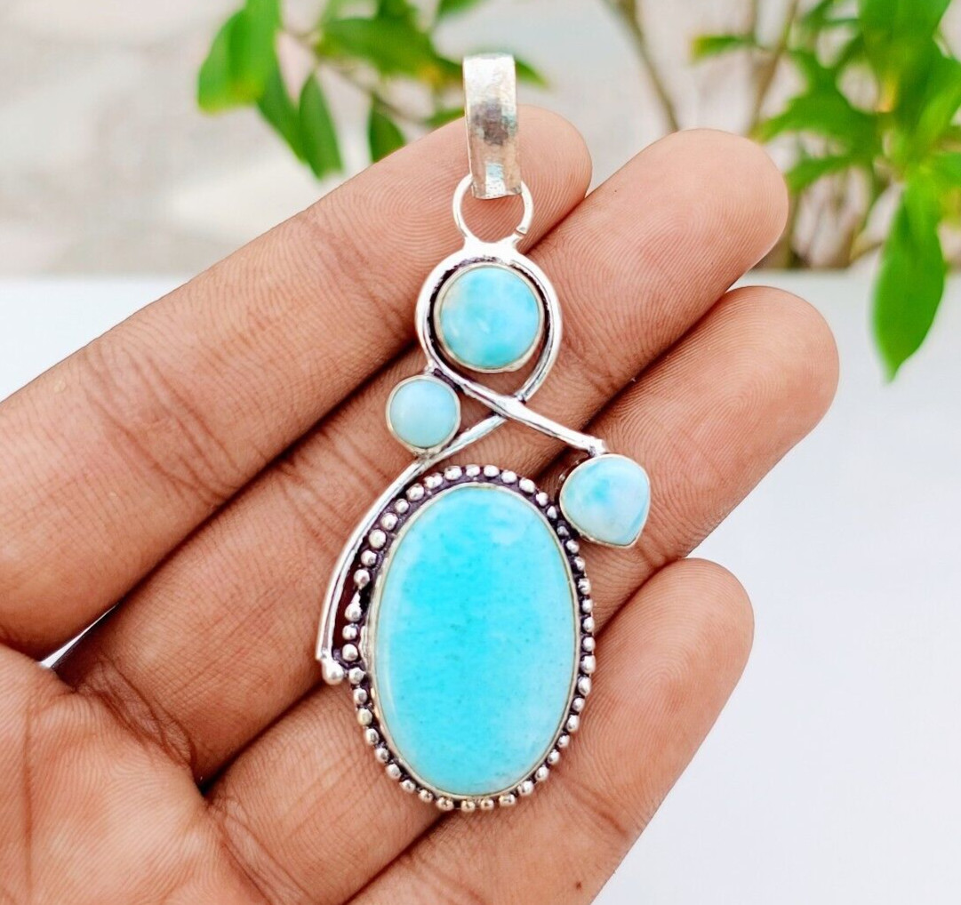 Natural Larimar Gemstone Pendant 925 Sterling Silver Handmade Jewelry 2.67″