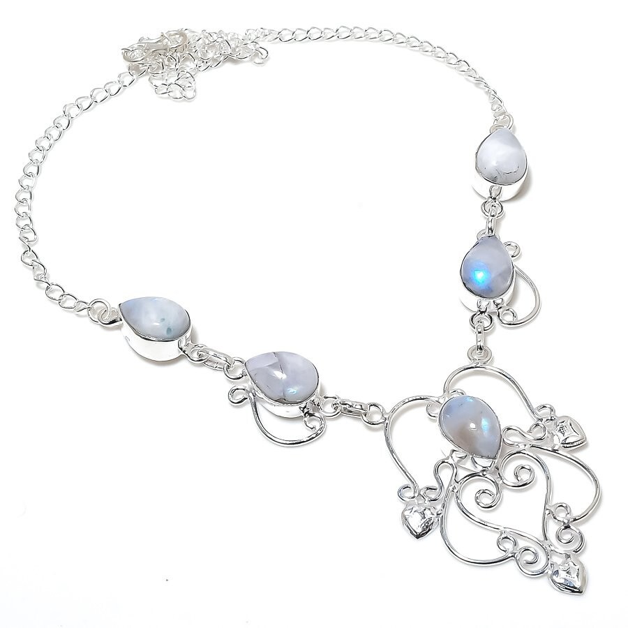 Rainbow Moonstone Gemstone 925 Sterling Silver Handmade Jewelry Necklace Sz 18″