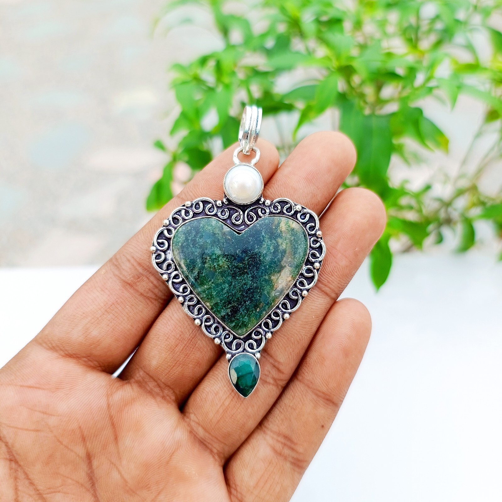 Tree Agate Gemstone Hear Shape Pendant 925 Sterling Silver Handmade Jewelry