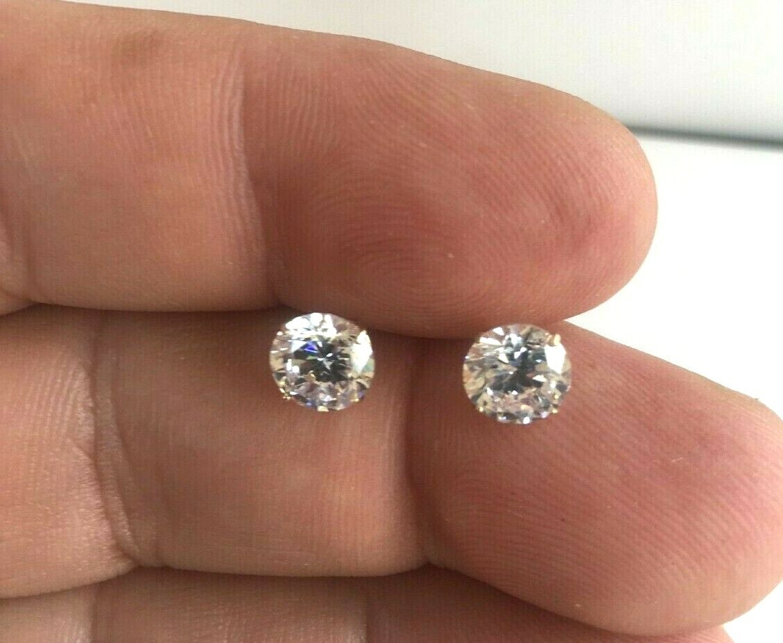 14K SOLID YELLOW GOLD STUD EARRINGS W/ 3 CARATS LAB CREATED DIAMONDS/ 7MM
