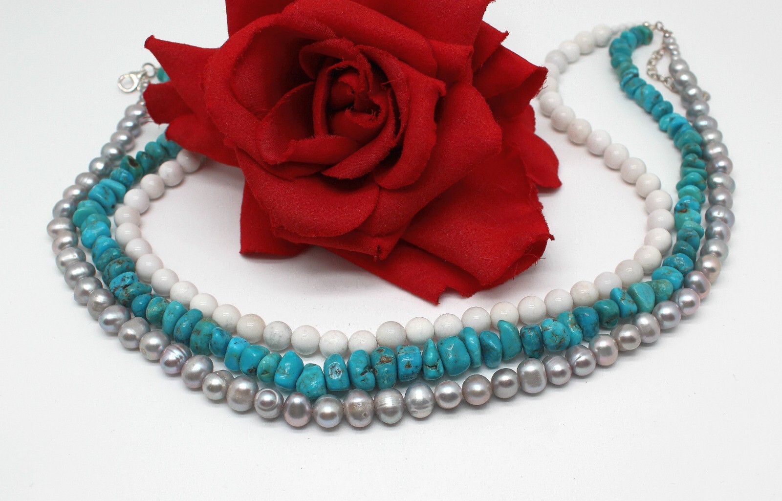 Sterling Silver SX Turquoise Pearl Howlite 3 Beaded 19″ Necklace CAT RESCUE