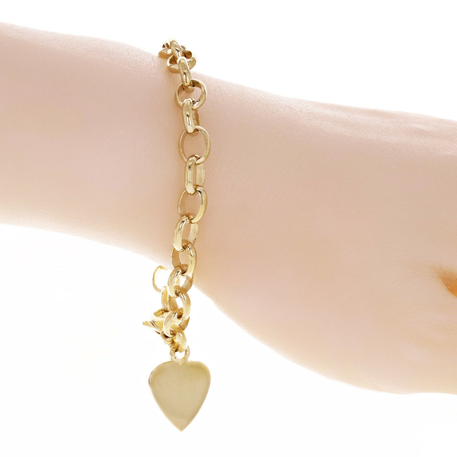 14k Yellow Gold Solid Rolo Chain Engravable Heart Charm Bracelet 7″ 15 grams