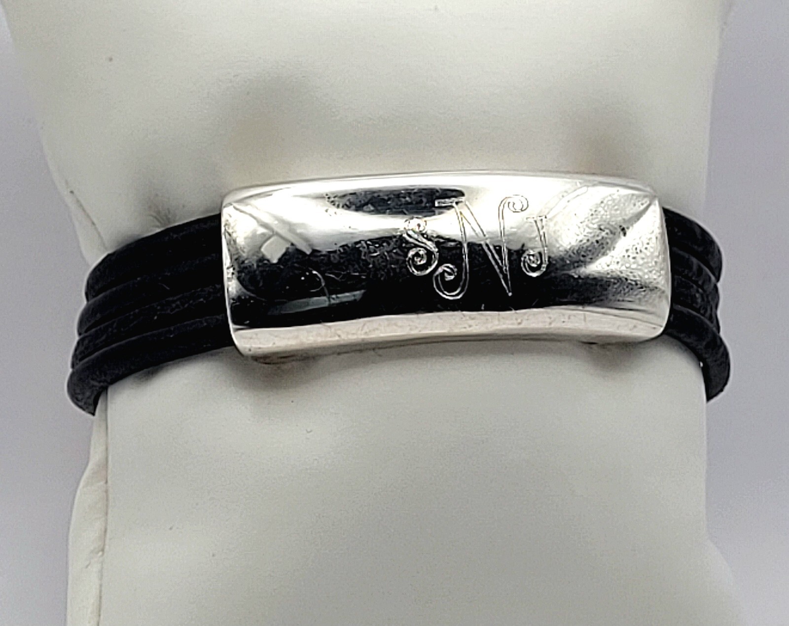 Sterling Silver Monogrammed “sNj” Leather Cord Bracelet Bar Black 7″ Unisex