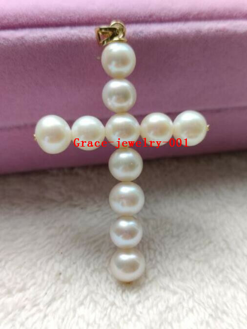 7-8mm AAA Natural South Sea White Cross Round Pearl Pendant 14k gold