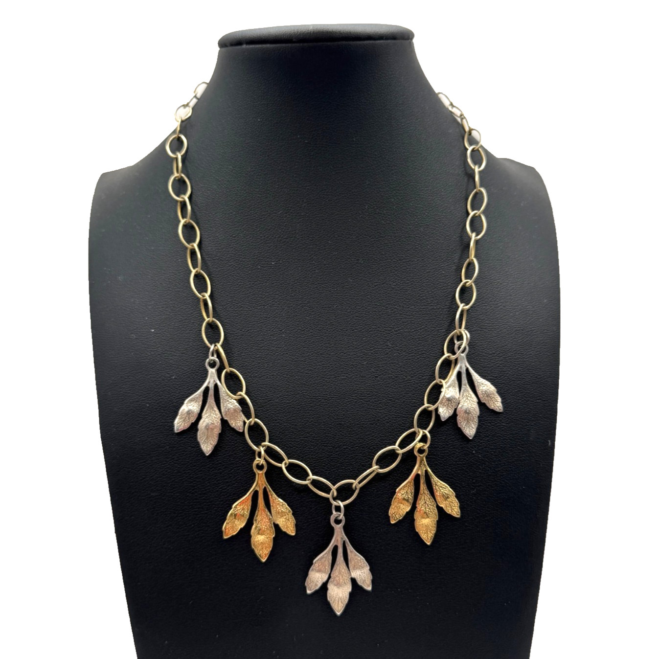 Vintage 14K Gold Filled Chain Leaf Charm Pendant Necklace Mixed Metals 16.5″ Art
