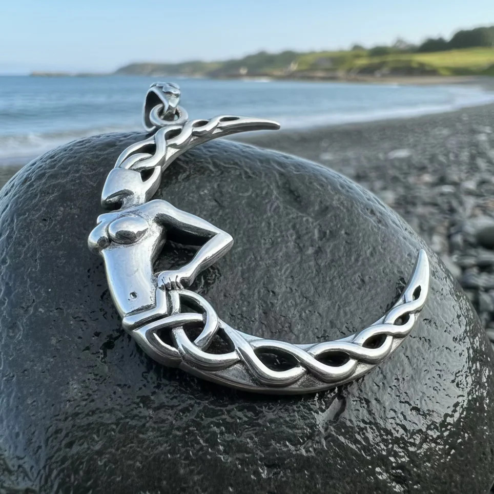Crescent Moon Goddess Necklace in Sterling Silver 925 Celtic Pendant W/CHAIN