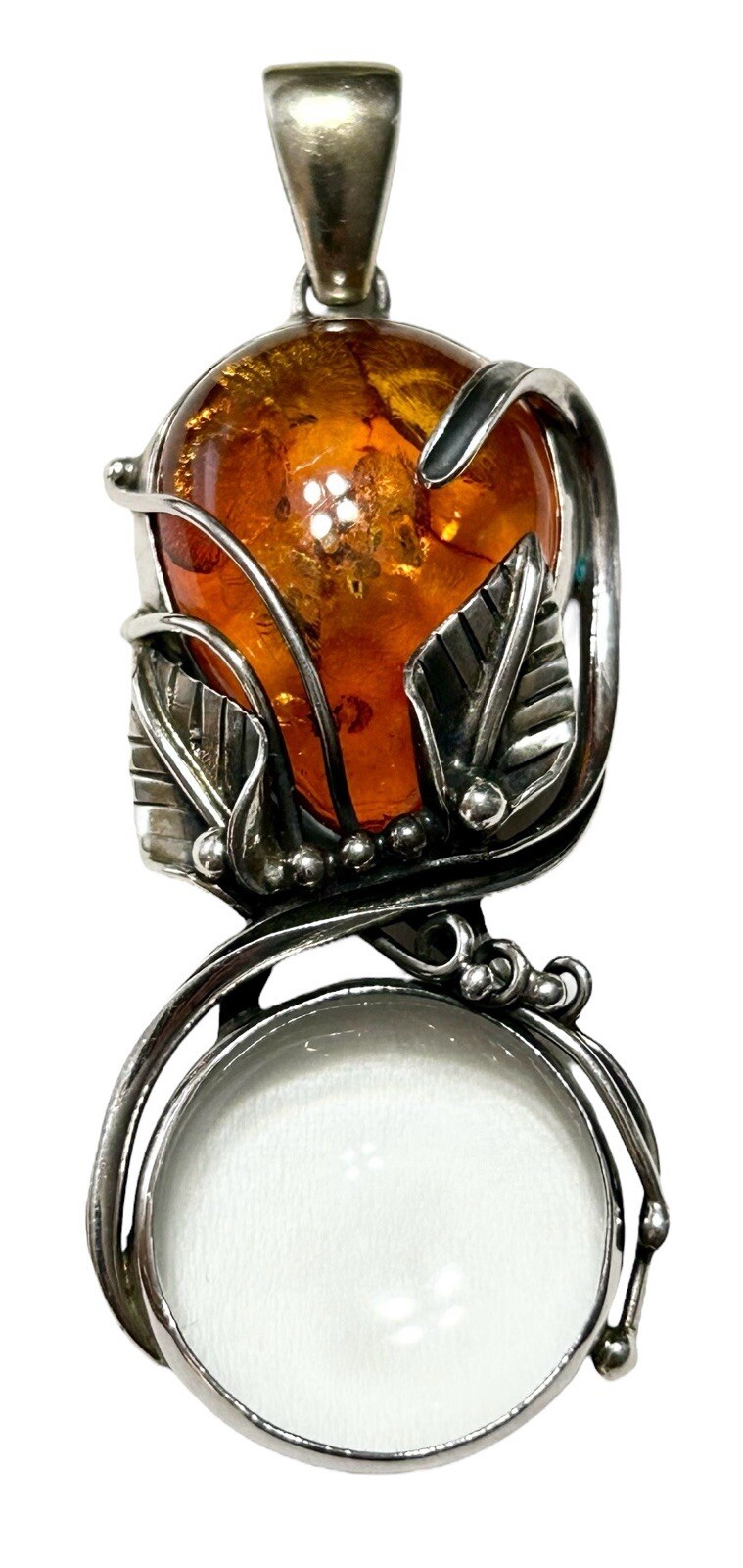 Sterling 925 Large Baltic Amber Magnifying Glass Pendant Signed V8 POLAND 2.5”
