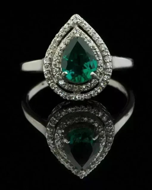 2.00CT Pear Cut Lab-Created Emerald Engagement Ring 14K White Gold Plated