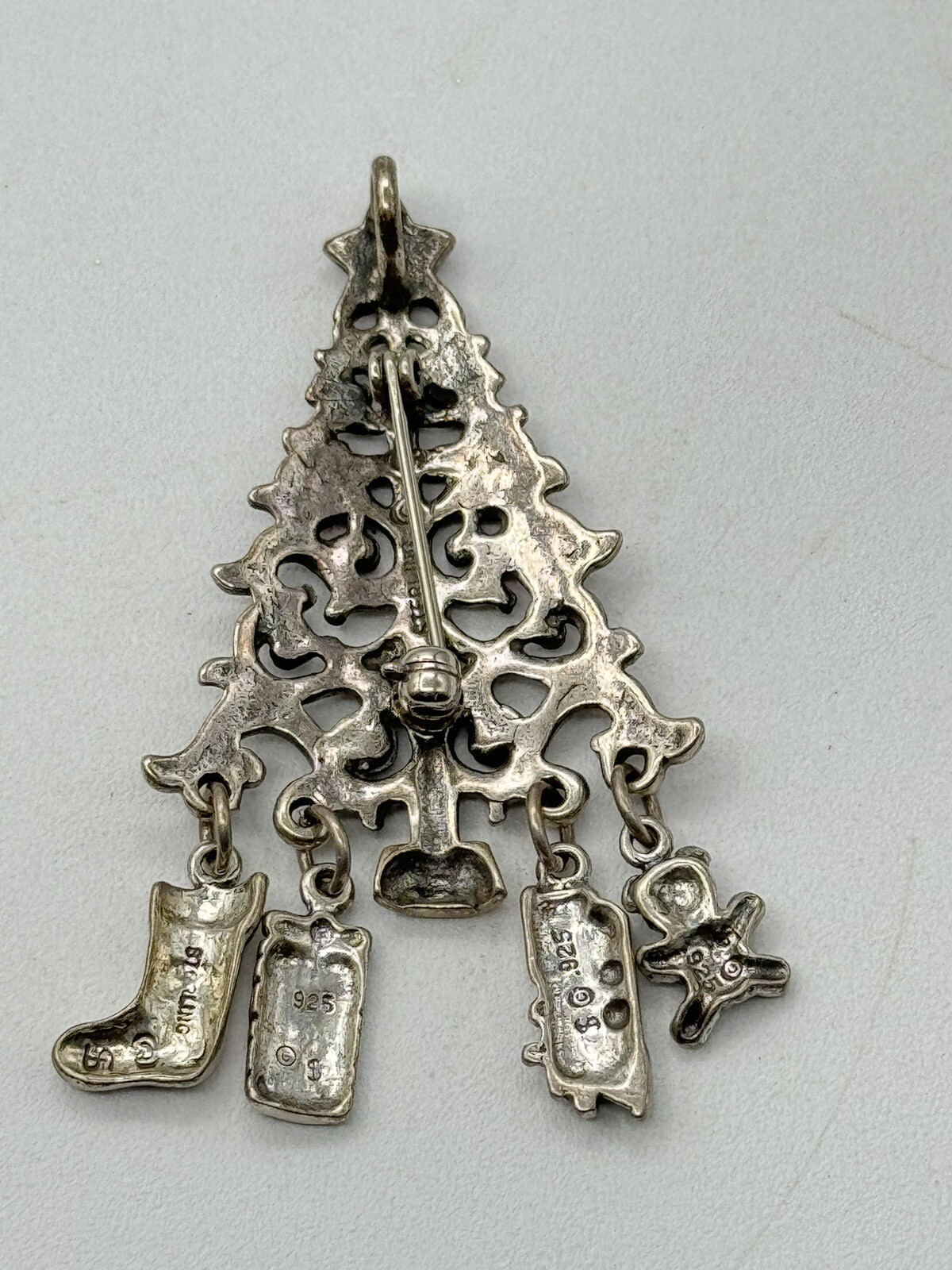 Sterling Silver Christmas Tree With 4 Charms Pin Brooch & Pendant 56x40mm 10gram