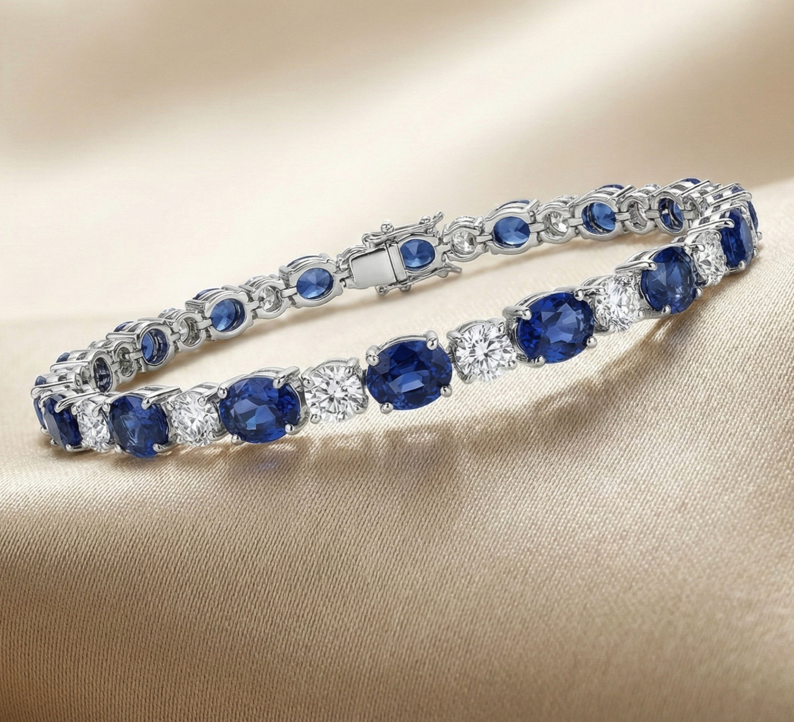 Sterling Silver Women’s Bracelet, Lab Grown Blue Sapphire & CZ Tennis Bracelet
