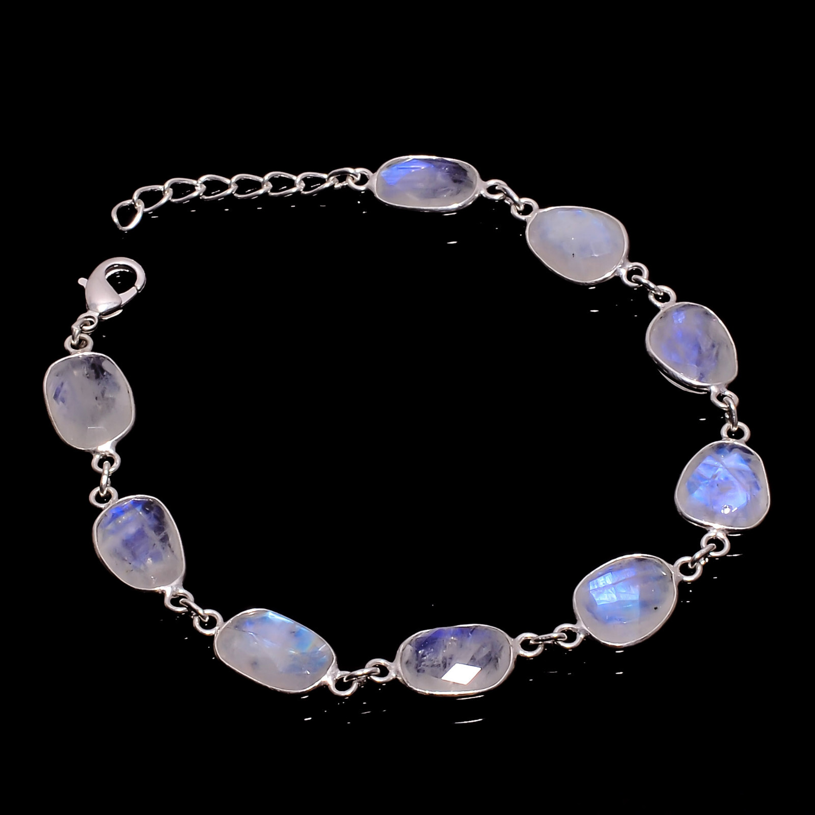 AAA Natural Rainbow Moonstone Gemstone 925 Sterling Silver Bracelet 7-8″