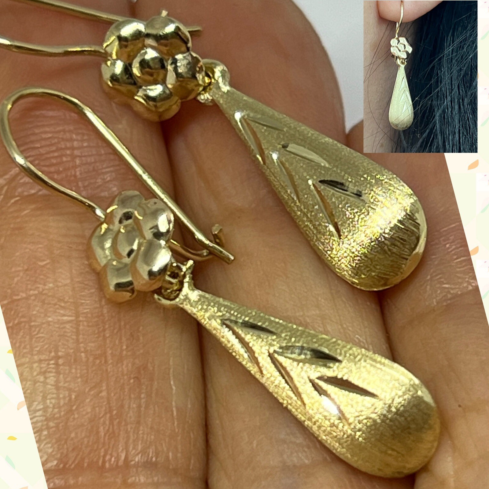 GOLd tearDrop tear drop Earring 14k yellow Dangle Long hang flower 1.35”