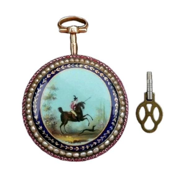 Georgian Pocket Watch 18k Gold Enamel Pearls Verge c1780s Roman Melly & Roux