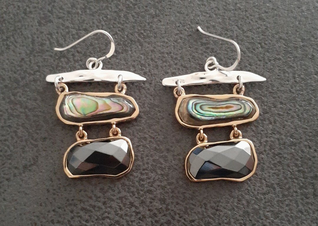 HSN Designer Fine Studio Barse Mixed Metals Abalone Hematite Dangle Earrings