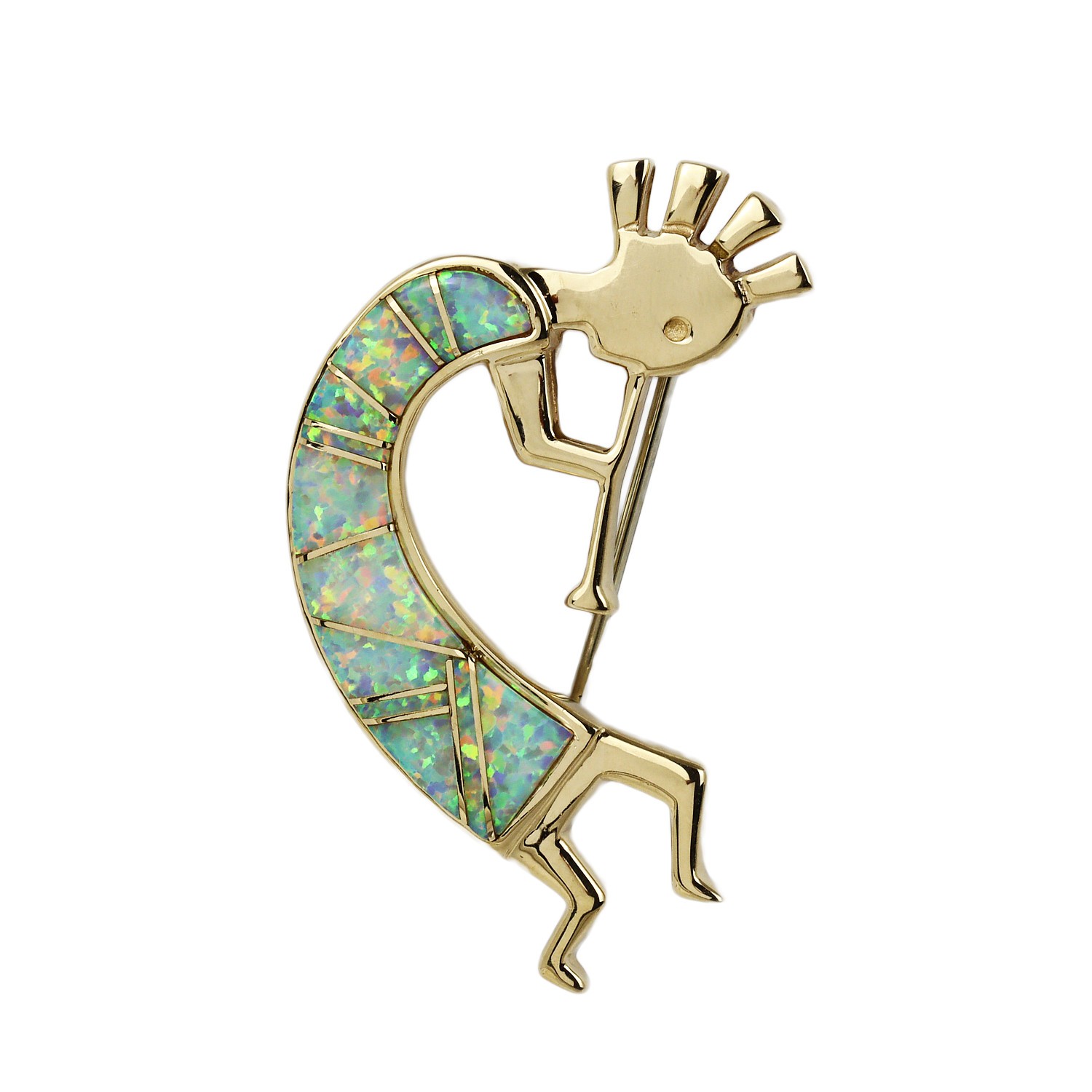 Calvin Begay Navajo 14k Yellow Gold, Lab-Created Opal Kokopelli Brooch