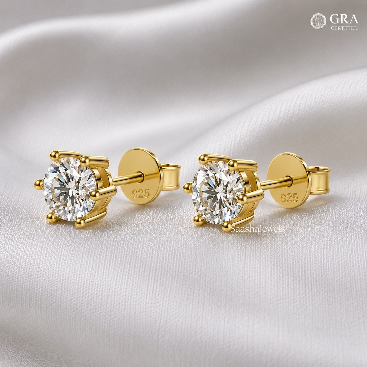 9 MM Round VVS1 Moissanite Women Engagement Stud Earrings 14K Yellow Gold Over