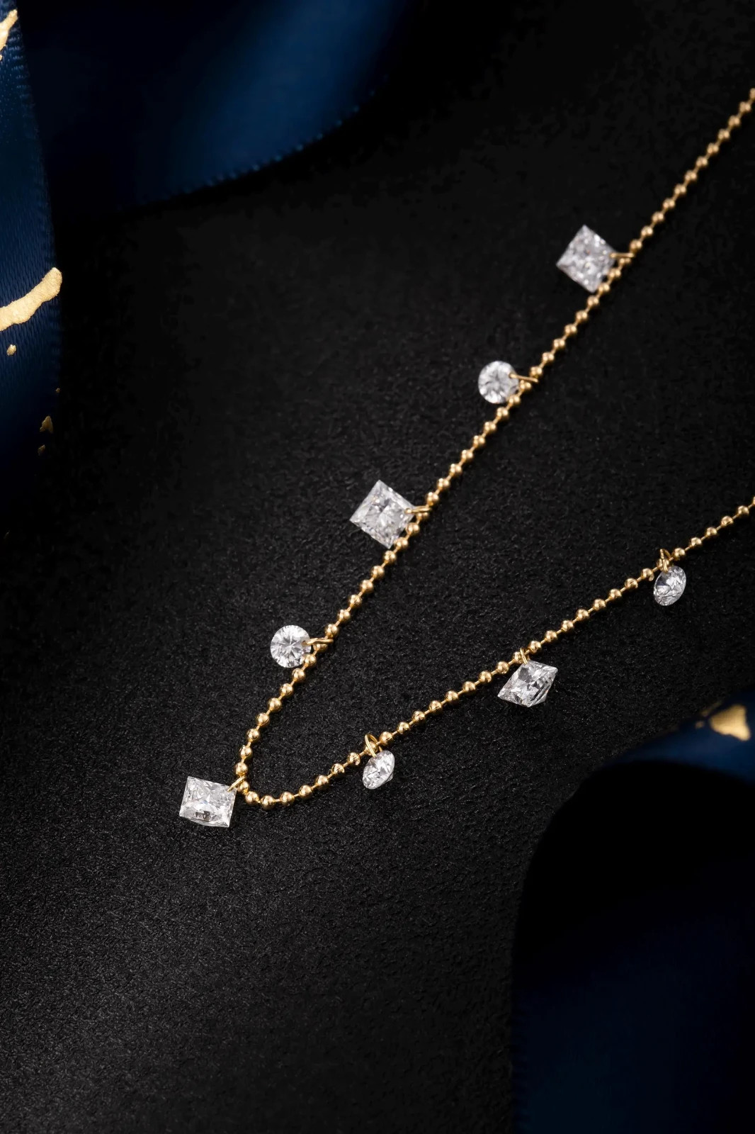 18K Yellow Gold Over Multi-Shape Cascade Diamond with Bead Chain Dangle Necklace