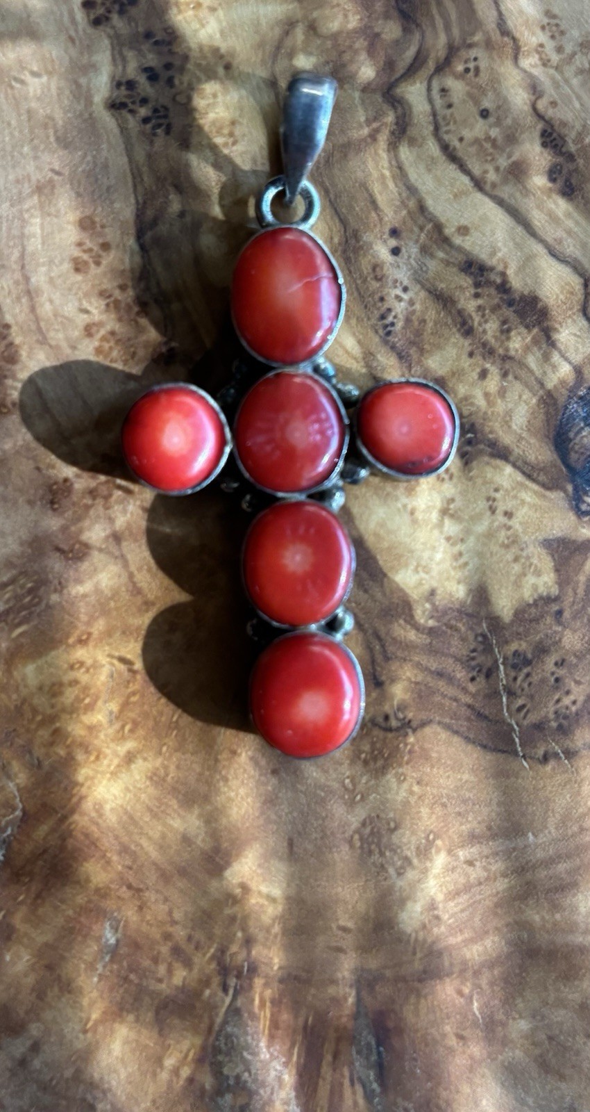 Vintage Genuine 925 Sterling Silver Natural Red Coral Big Cross Pendant 3 3/4”