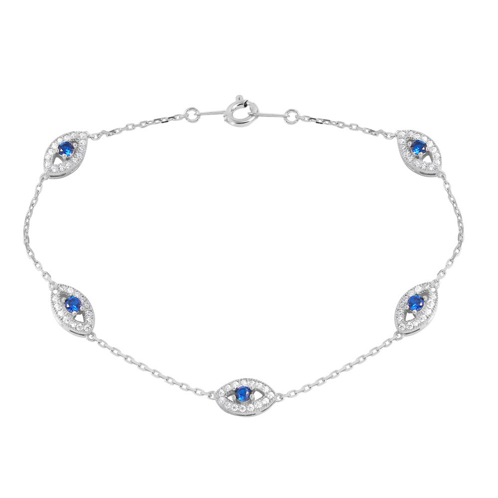 7 inch Sterling Silver Bracelet w/ CZ Stones Evil Eye Charms