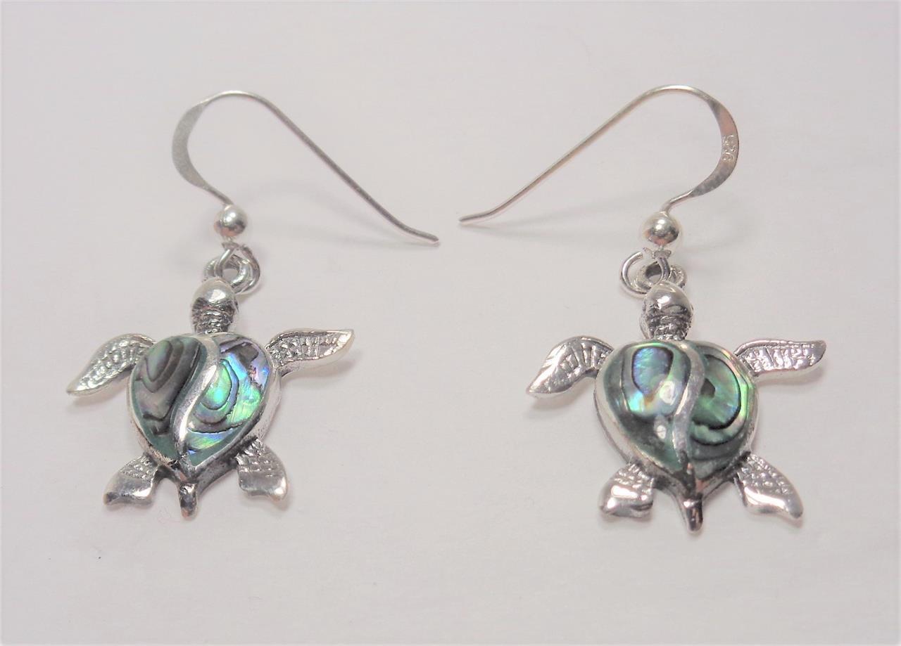 STERLING SILVER NAUTICAL SEA TURTLE MOTHER OF PEARL SEA LIFE HOOK EARRINGS