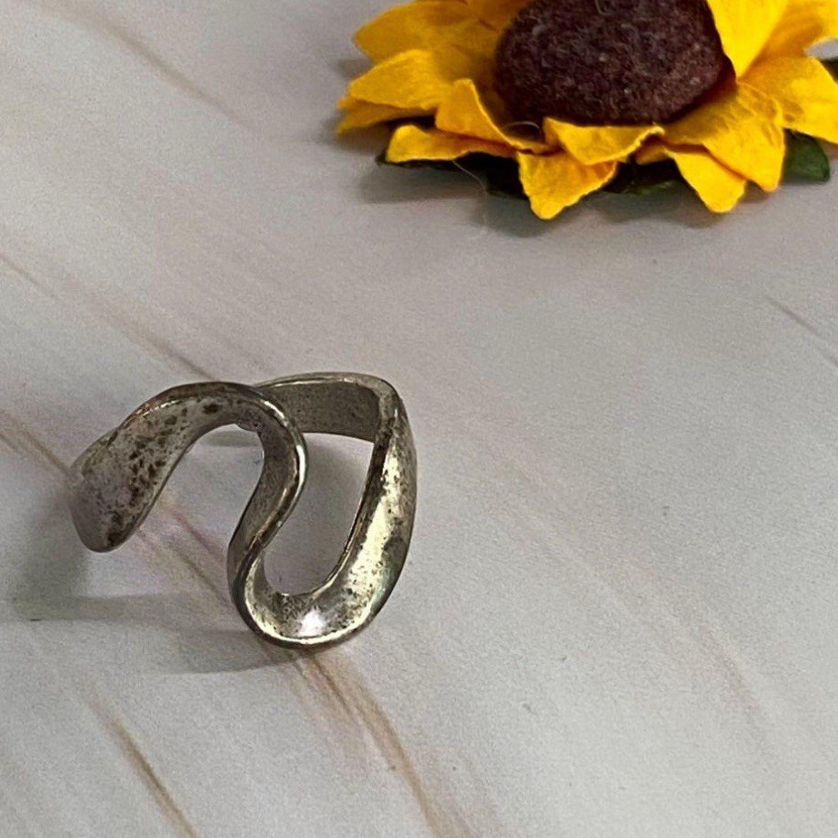 Sterling Silver 925 Abstract Wavy Open Band Ring Adjustable US 6–9